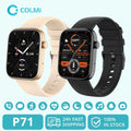 Touchscreen smartwatch with rectangular digital display, colorful watch face, and durable silicone strap