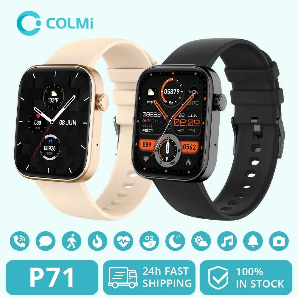 Touchscreen smartwatch with rectangular digital display, colorful watch face, and durable silicone strap