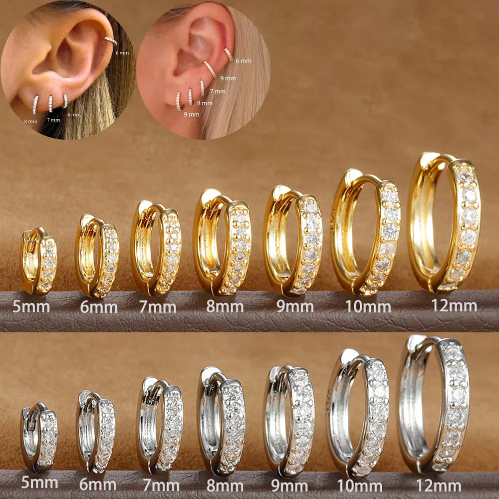 Minimalist stainless steel huggie hoop earrings with sparkling crystal zirconia stones for cartilage piercings
