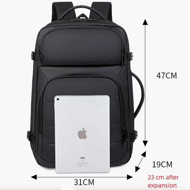 Black expandable 17-inch laptop backpack featuring waterproof fabric, multiple pockets, and adjustable padded shoulder straps — view 3