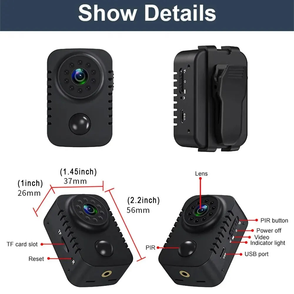 Black mini 1080p full HD smart WiFi pocket security camera with wide angle — view 2