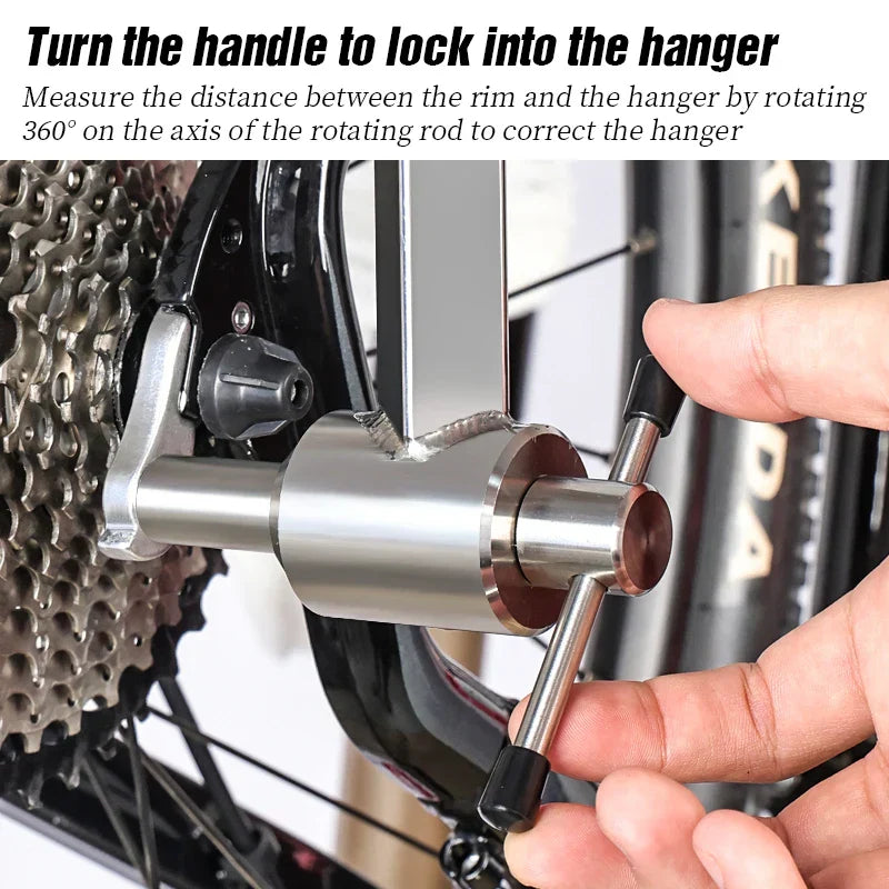 Silver stainless steel bicycle derailleur hanger alignment gauge tool for precise gear shifting. — view 4
