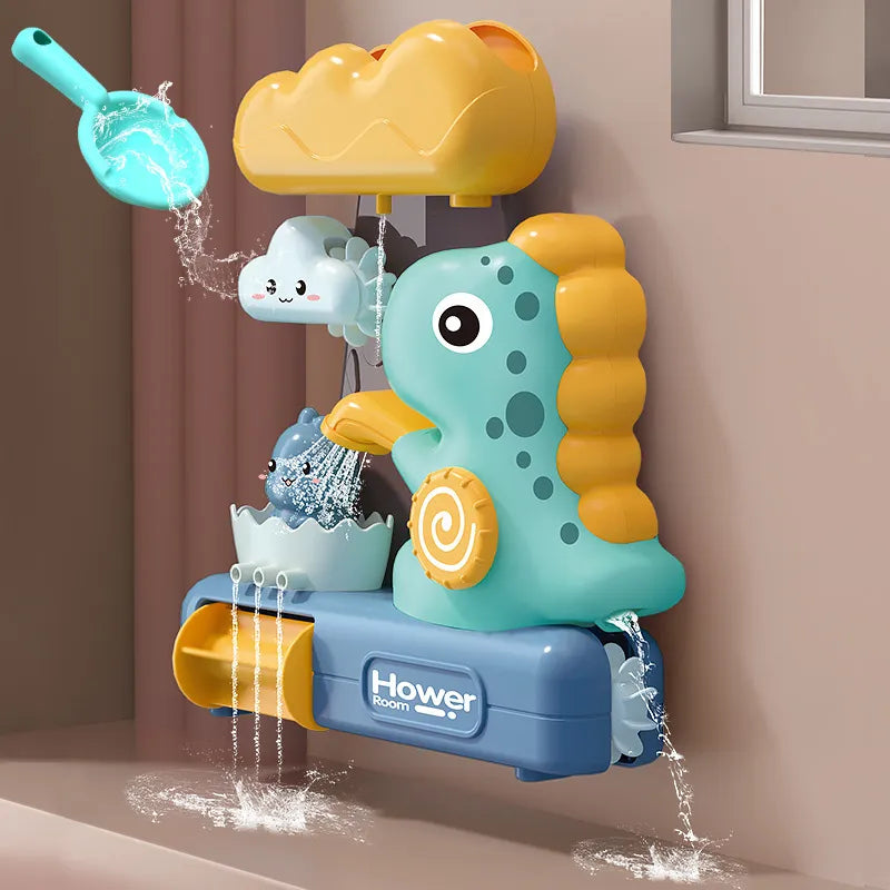 Dino mama bath toy in durable plastic with spinning water wheels and secure suction cups