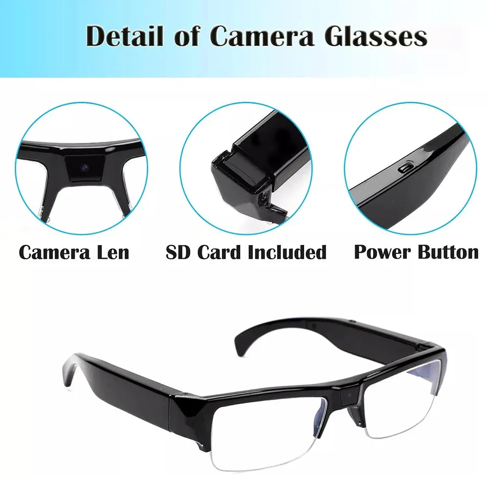 Black 1080P HD mini camera glasses with built-in discreet video recorder and lightweight wearable frame — view 3