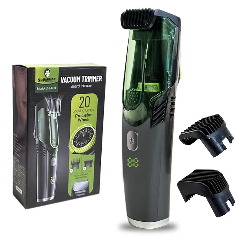 Green cordless beard trimmer and electric shaver with adjustable comb attachments and built-in vacuum system