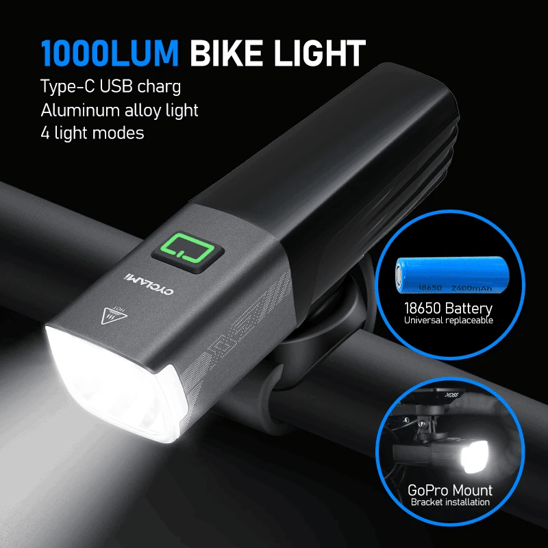 1000LM smart bike headlight in black, waterproof cycling accessory with GoPro compatible mounting system — view 2