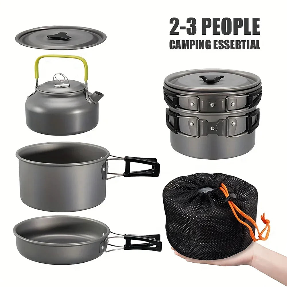 Black anodized aluminum 11-piece camping cookware set with nesting pots frying pan and portable teapot — view 4