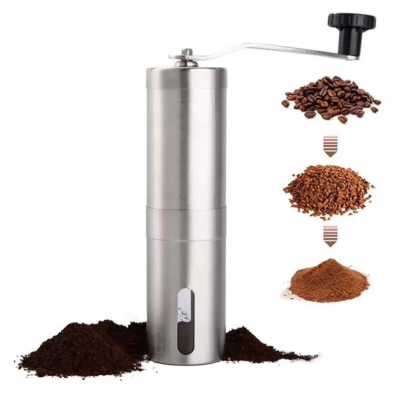 Silver stainless steel manual coffee grinder with hand crank and ceramic burr mechanism