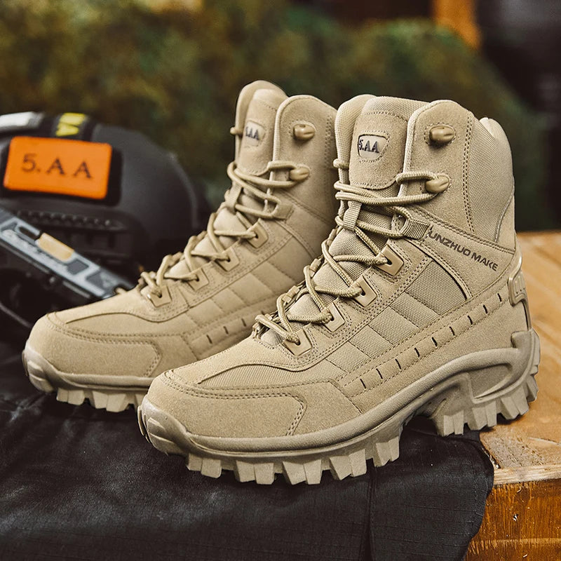 Mens khaki tactical desert work boots featuring lace-up design and durable non-slip rubber soles. — view 2
