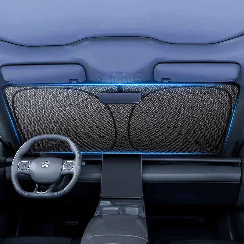Foldable car windshield sun shade in black showing universal fit UV protection for vehicle interiors — view 5