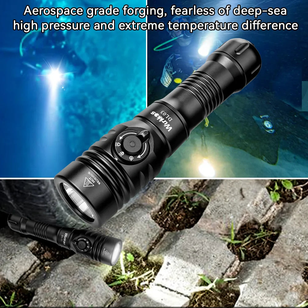 Wurkkos DL03 professional rechargeable dive flashlight in black aluminum with green beam capability — view 4