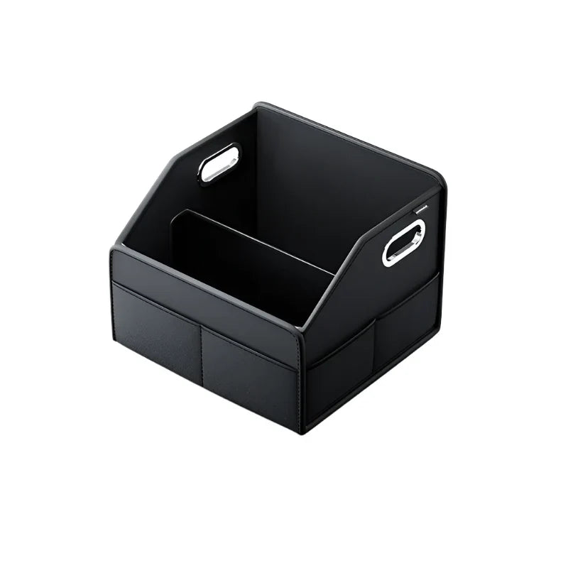 Black PU leather car trunk organizer with aluminum handles and multiple storage compartments