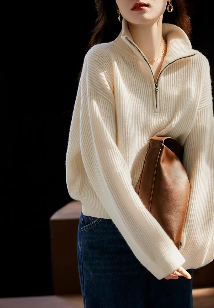Women's pure cashmere half-zip pullover sweater with a stand collar and loose fit — view 4