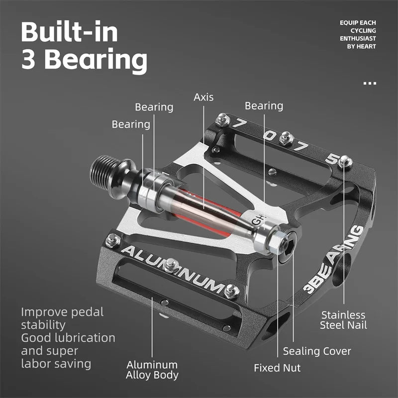 Black 3-bearing CNC aluminum bike pedals with anti-slip traction pins and widened base. — view 4