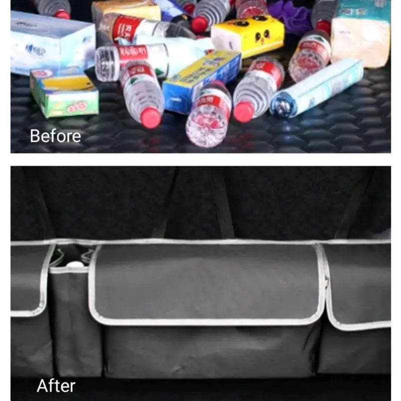 Black polyester car back seat organizer with multiple storage pockets hanging on a vehicle seat — view 3