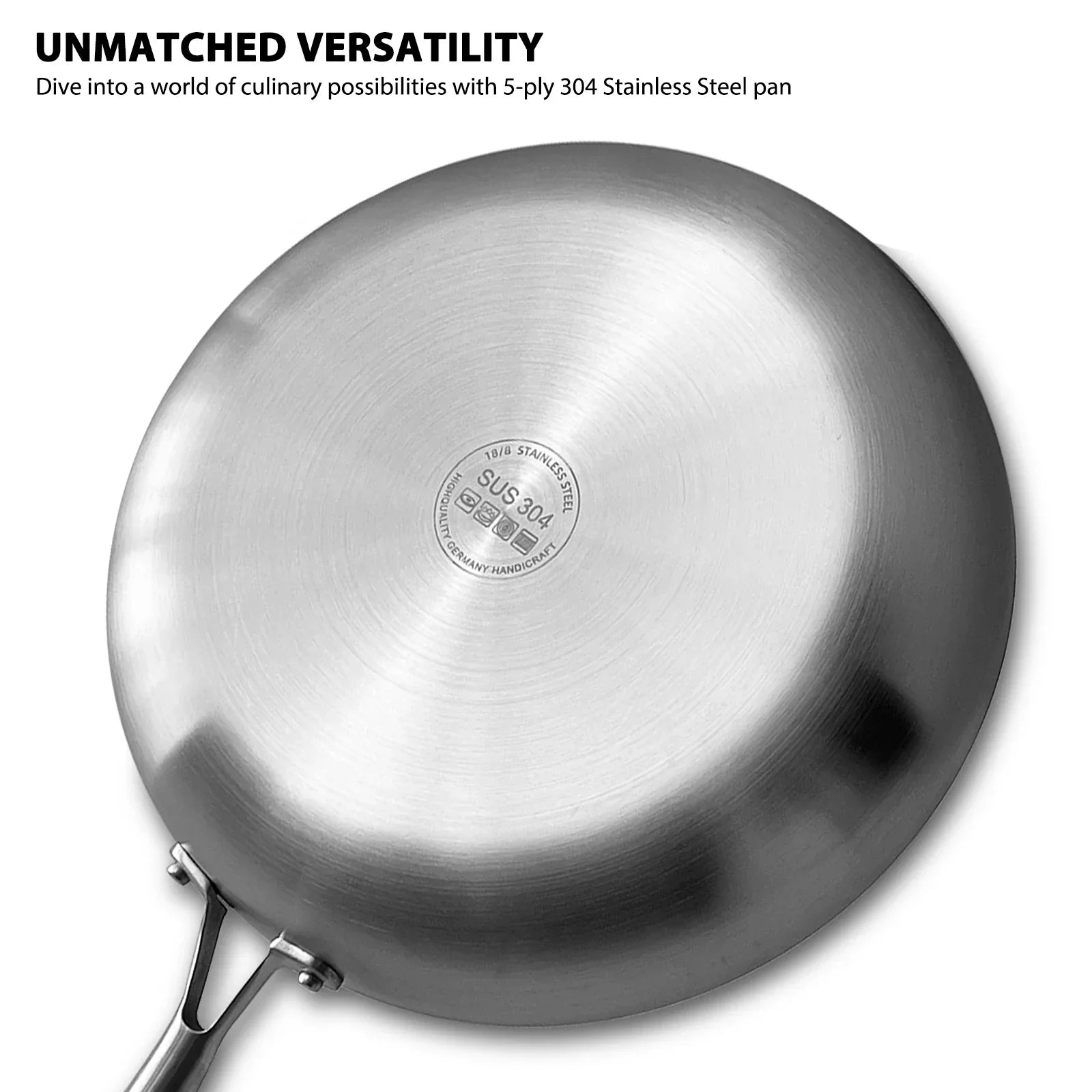 Silver 11-inch 304 stainless steel frying pan with tempered glass lid and long brushed handle — view 2