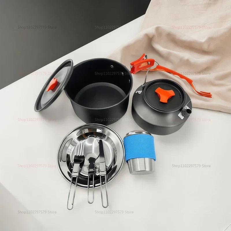 Grey aluminum camping cookware set featuring a pot, kettle, and foldable heat-resistant handles. — view 5