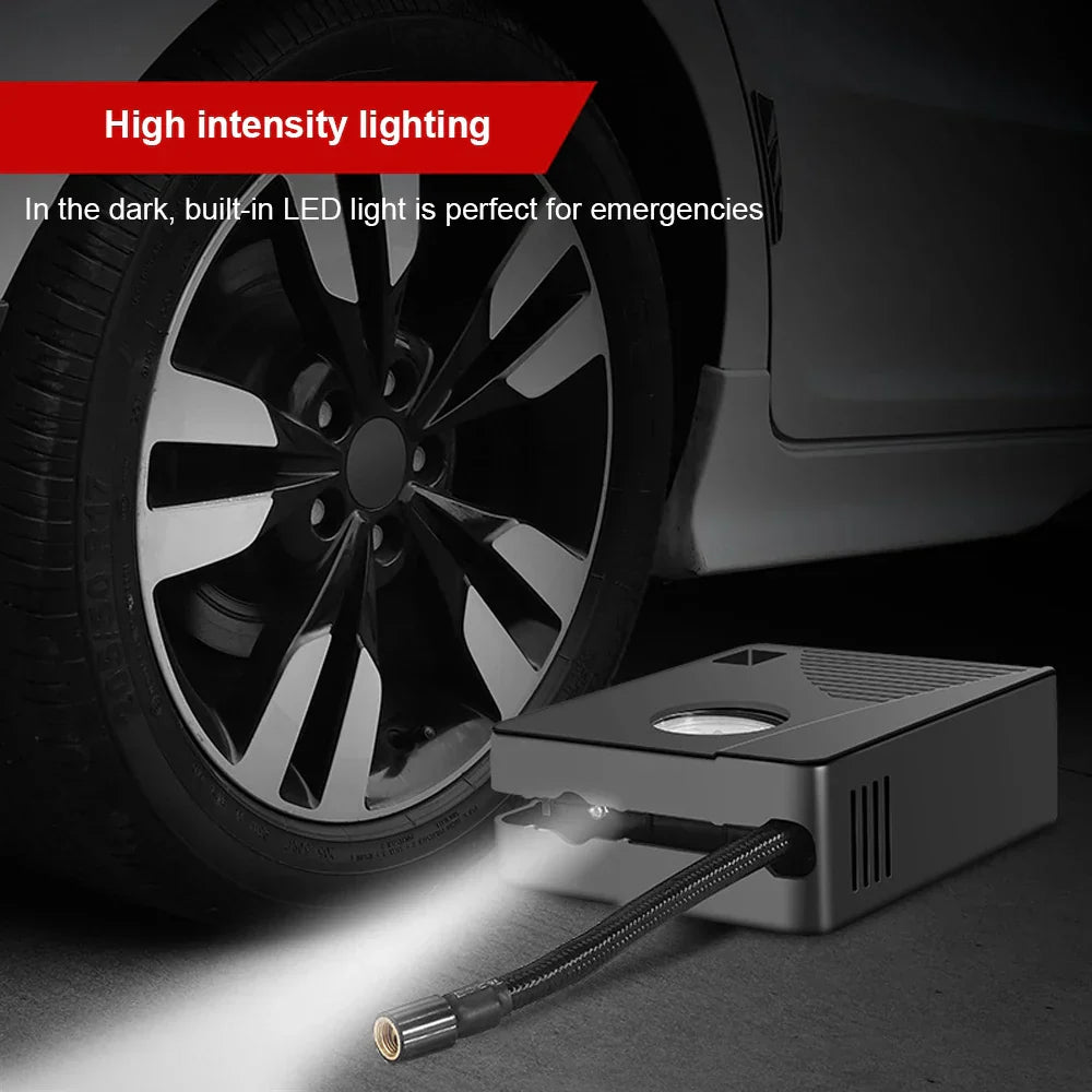 Black portable 12V tire inflator mini air compressor with LED flashlight and cigarette lighter plug — view 4