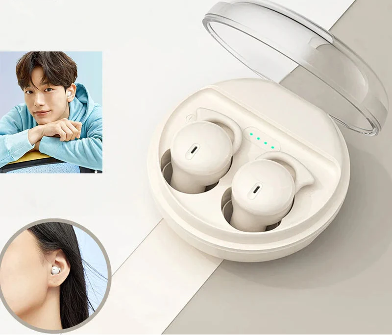 Mini invisible wireless earbuds in charging case with soft silicone ear tips for comfortable sleep — view 2