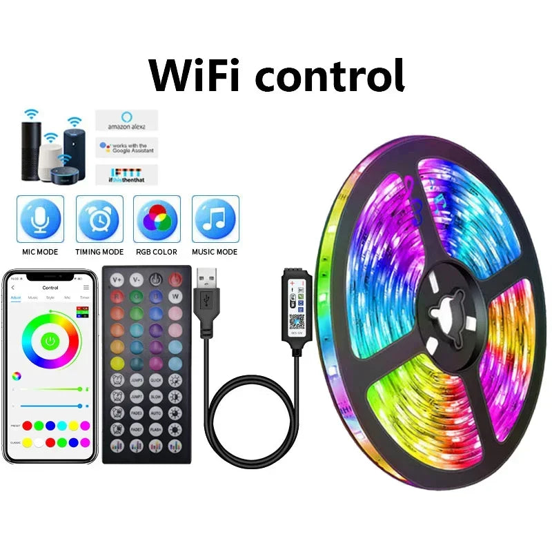 Smart USB LED strip lights illuminating a modern living room ceiling in vibrant dynamic RGB colors — view 2