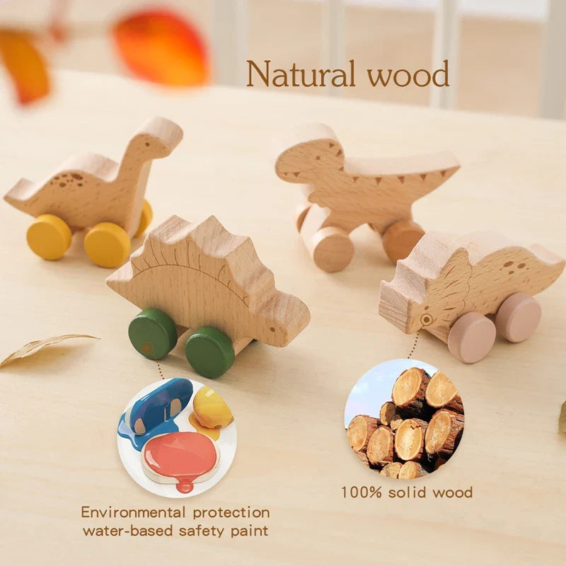 Beech wood Montessori dinosaur toy car with laser engraved details and painted rolling wheels — view 2