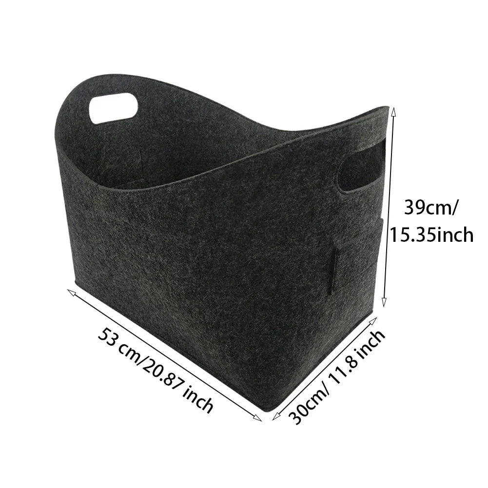 Large capacity felt firewood storage basket with sturdy handles in a neutral tone for fireplace organization — view 4
