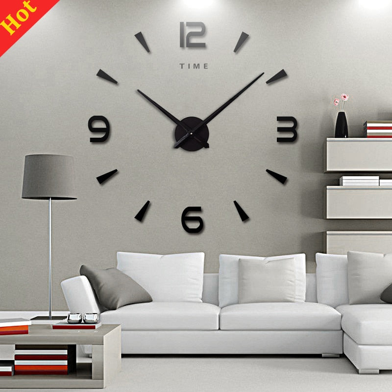 Large 3D DIY wall clock featuring acrylic mirror numbers and metal hands on a wall