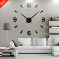 Large 3D DIY wall clock featuring acrylic mirror numbers and metal hands on a wall