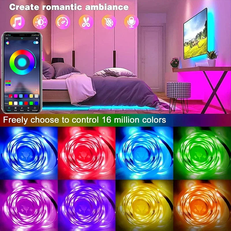Smart USB LED strip lights illuminating a modern living room ceiling in vibrant dynamic RGB colors — view 4