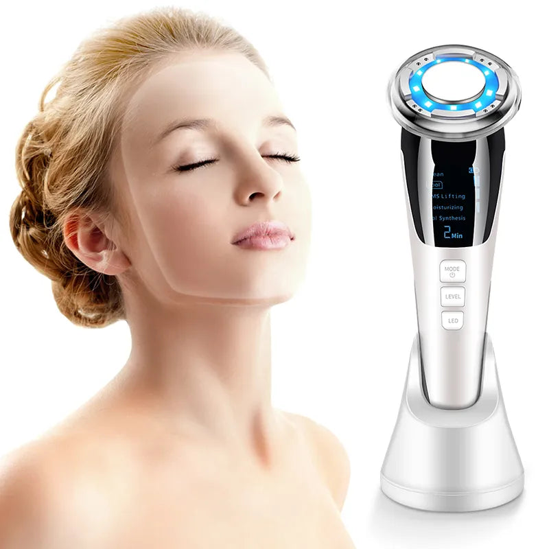 EMS face lifting beauty device in white with LED light and metallic massage head