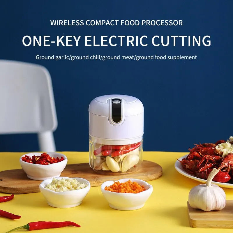 White electric mini food chopper and garlic masher with stainless steel blades — view 5