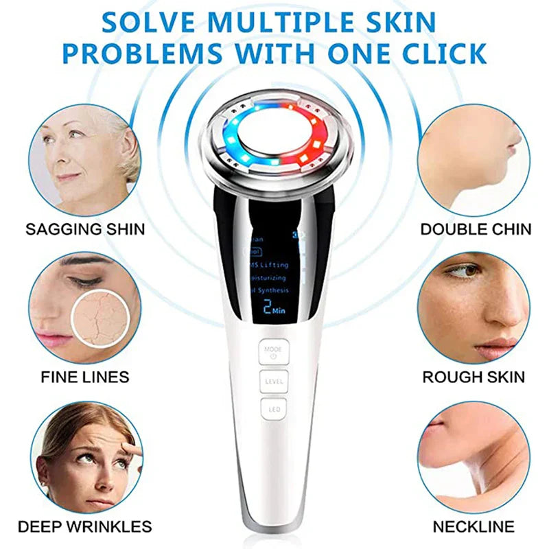 EMS face lifting beauty device in white with LED light and metallic massage head — view 4