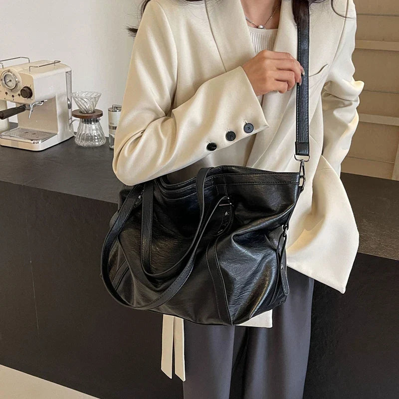 Black PU leather womens vintage tote bag with shoulder straps and secure zipper closure — view 3