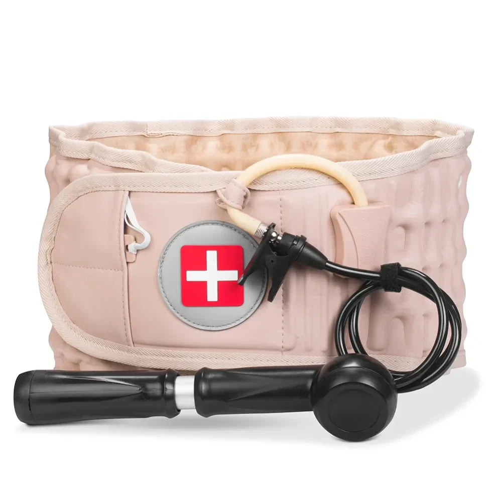 Beige inflatable decompression back brace belt showing air pillars and adjustable straps for lumbar support