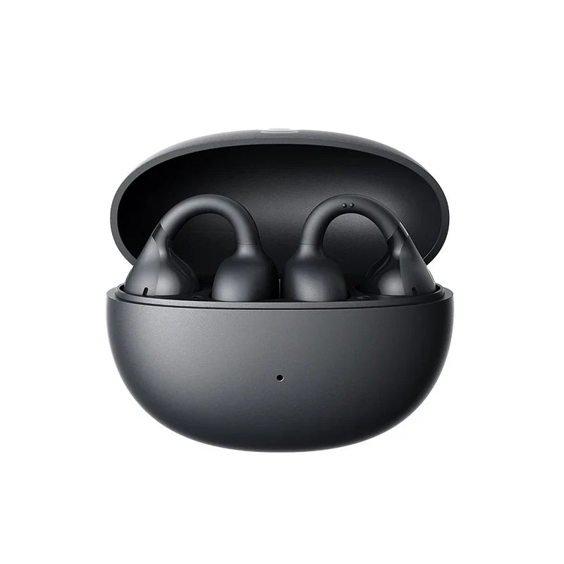 Ear clip open-ear wireless earbuds featuring an ergonomic tri-curve design and portable charging case