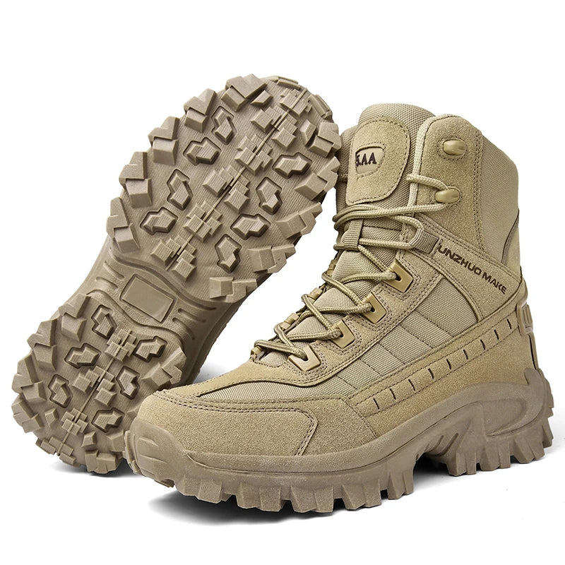 Mens khaki tactical desert work boots featuring lace-up design and durable non-slip rubber soles.
