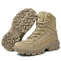 Mens khaki tactical desert work boots featuring lace-up design and durable non-slip rubber soles.