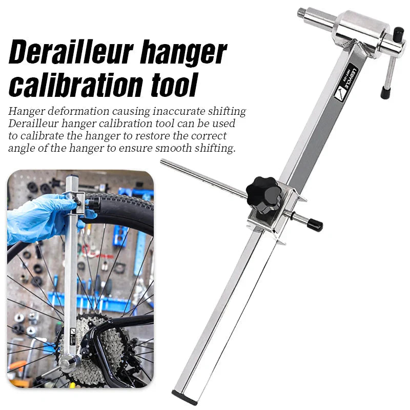 Silver stainless steel bicycle derailleur hanger alignment gauge tool for precise gear shifting. — view 2