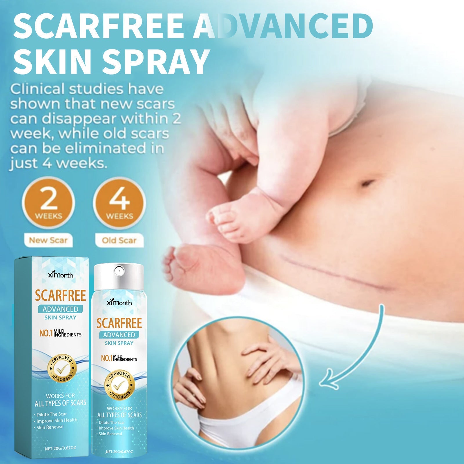 Scar Lightening Body Spray in a compact 20g travel bottle for smooth, radiant skin.