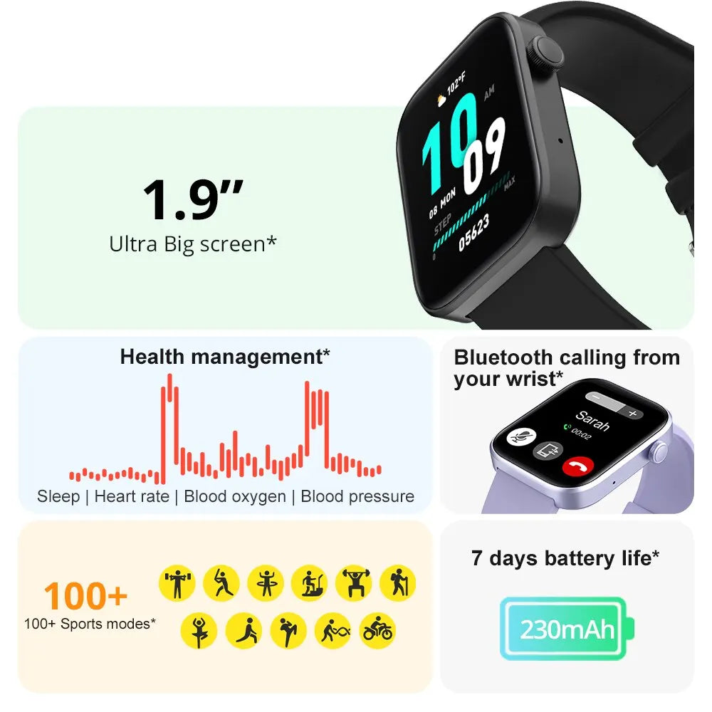 Touchscreen smartwatch with rectangular digital display, colorful watch face, and durable silicone strap — view 2
