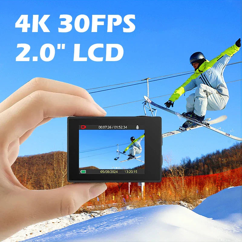 Black 4K Ultra HD action camera inside a clear 30-meter waterproof protective housing — view 5
