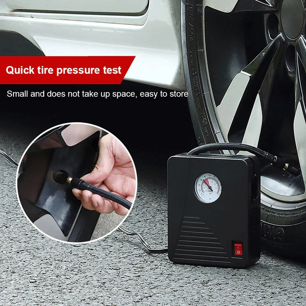 Black portable 12V tire inflator mini air compressor with LED flashlight and cigarette lighter plug — view 2