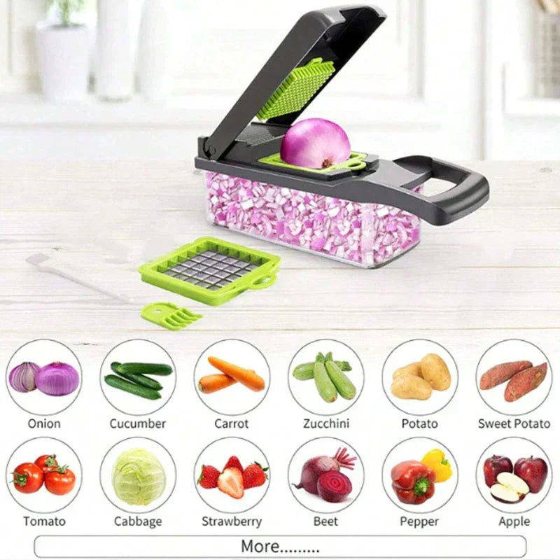 16-piece multifunctional vegetable chopper set with stainless steel blades and a clear BPA-free plastic container — view 2