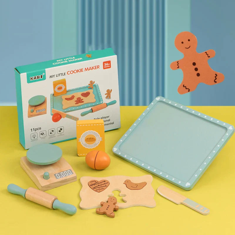 Wooden pretend play pastry set with scale baking tray and cut out biscuit dough for kids — view 2