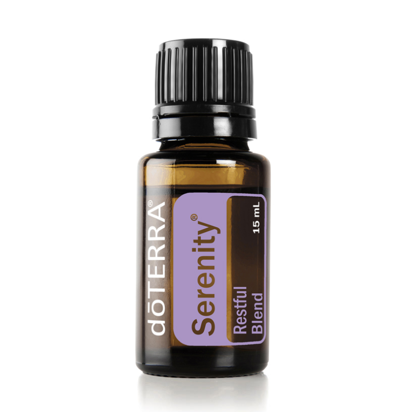 Serenity Restful Essential Oil Blend in a glass bottle for calming aromatherapy and peaceful bedtime relaxation