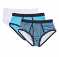Three pack of solid blue mens cotton briefs with smooth logo waistband