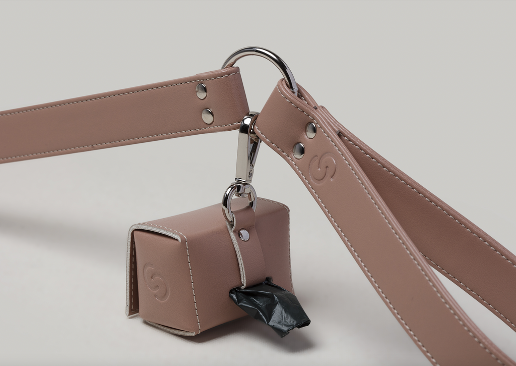 Blush pink vegan apple leather dog collar, lead, and matching poop bag holder set — view 5
