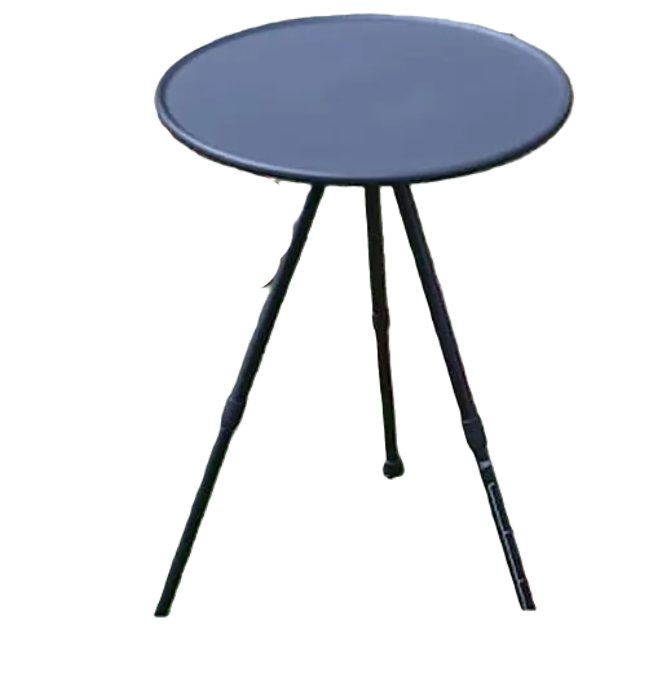 Portable telescopic camping table with round top, adjustable aluminum legs, and outdoor lamp holder.