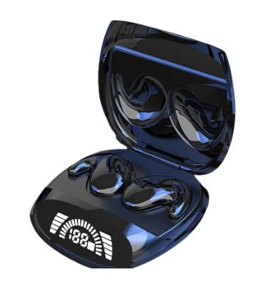 Mini noise cancelling wireless sports earbuds inside compact charging case with visible LED battery display — view 2