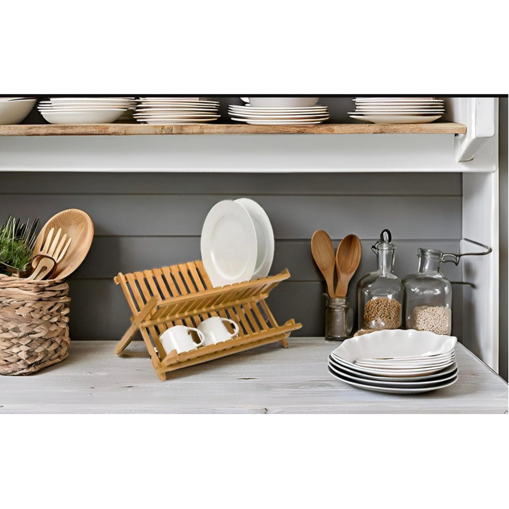 Two-tier foldable natural bamboo dish drying rack organizing plates and cups on a kitchen counter — view 5